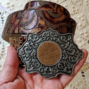 Leather belt with fancy silver buckle 34"